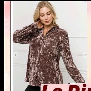 Brown crushed velvet button down collared top with pattern on back